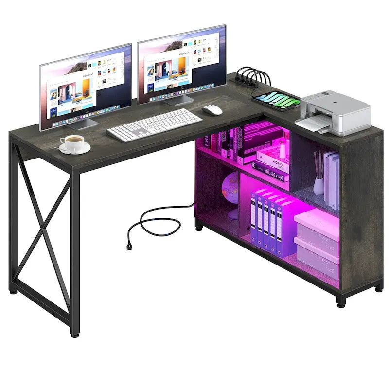Bureau d'angle réversible en L — Bureau informatique et de jeu avec étagères