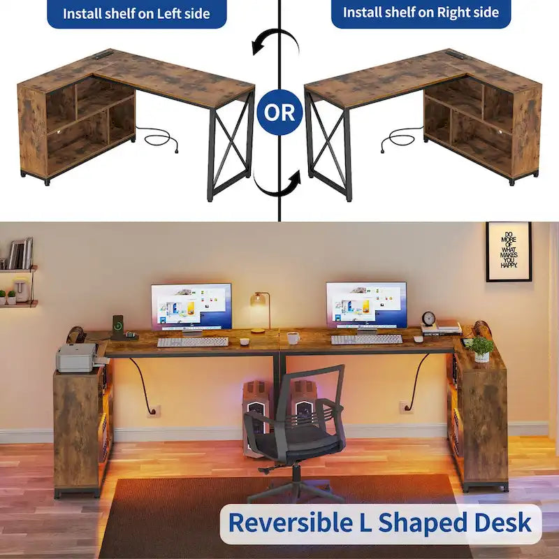 Bureau d'angle réversible en L — Bureau informatique et de jeu avec étagères