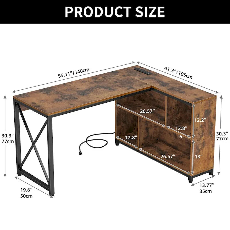 Bureau d'angle réversible en L — Bureau informatique et de jeu avec étagères