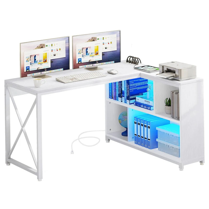 Bureau d'angle réversible en L — Bureau informatique et de jeu avec étagères