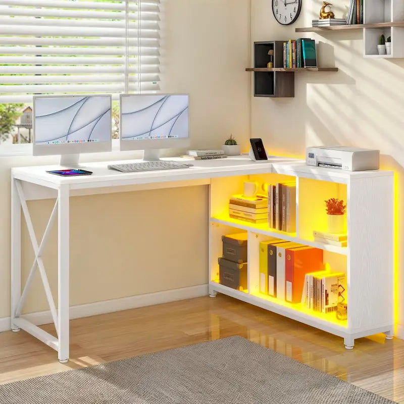 Bureau d'angle réversible en L — Bureau informatique et de jeu avec étagères
