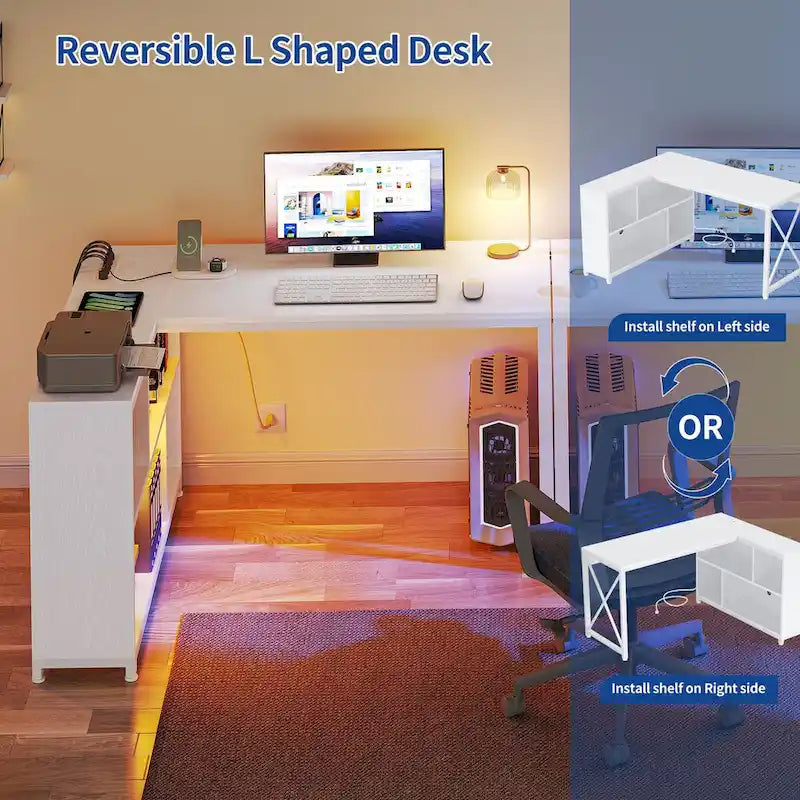Bureau d'angle réversible en L — Bureau informatique et de jeu avec étagères