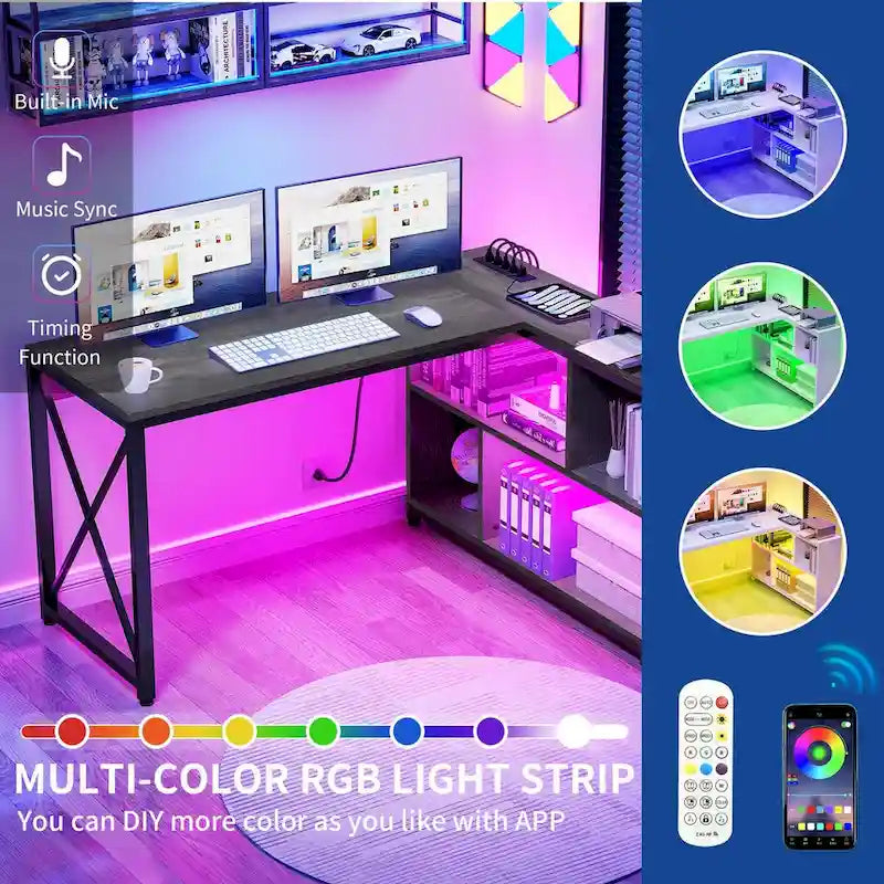 Bureau d'angle réversible en L — Bureau informatique et de jeu avec étagères