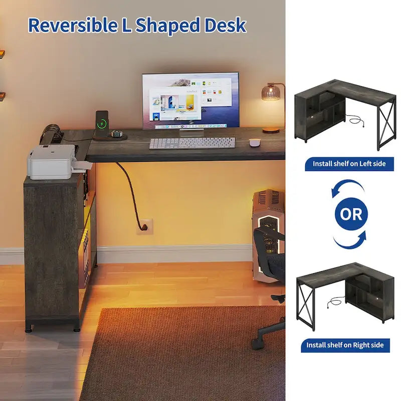 Bureau d'angle réversible en L — Bureau informatique et de jeu avec étagères