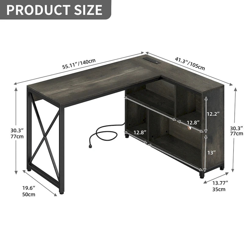 Bureau d'angle réversible en L — Bureau informatique et de jeu avec étagères