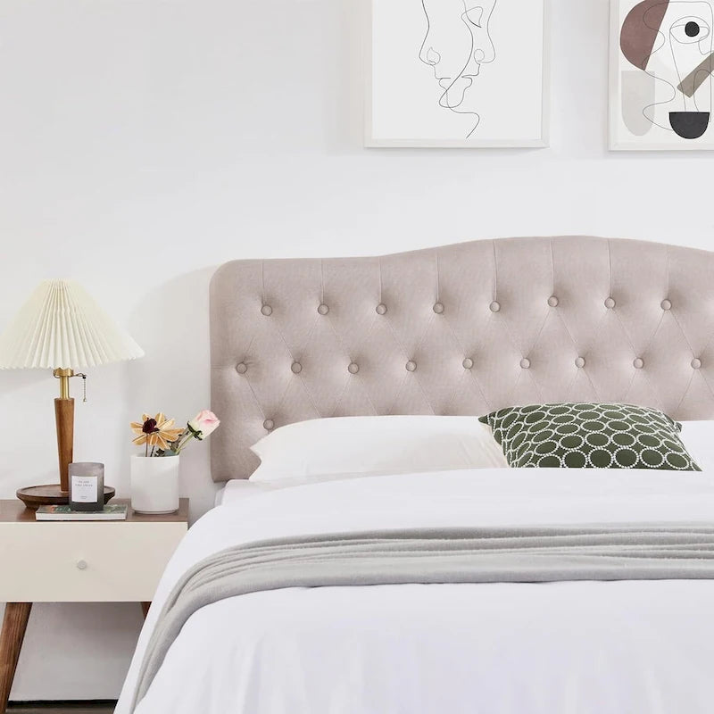 Tête de lit King Size rembourrée, capitonnée de losanges boutonnés avec hauteur réglable, en tissu de lin