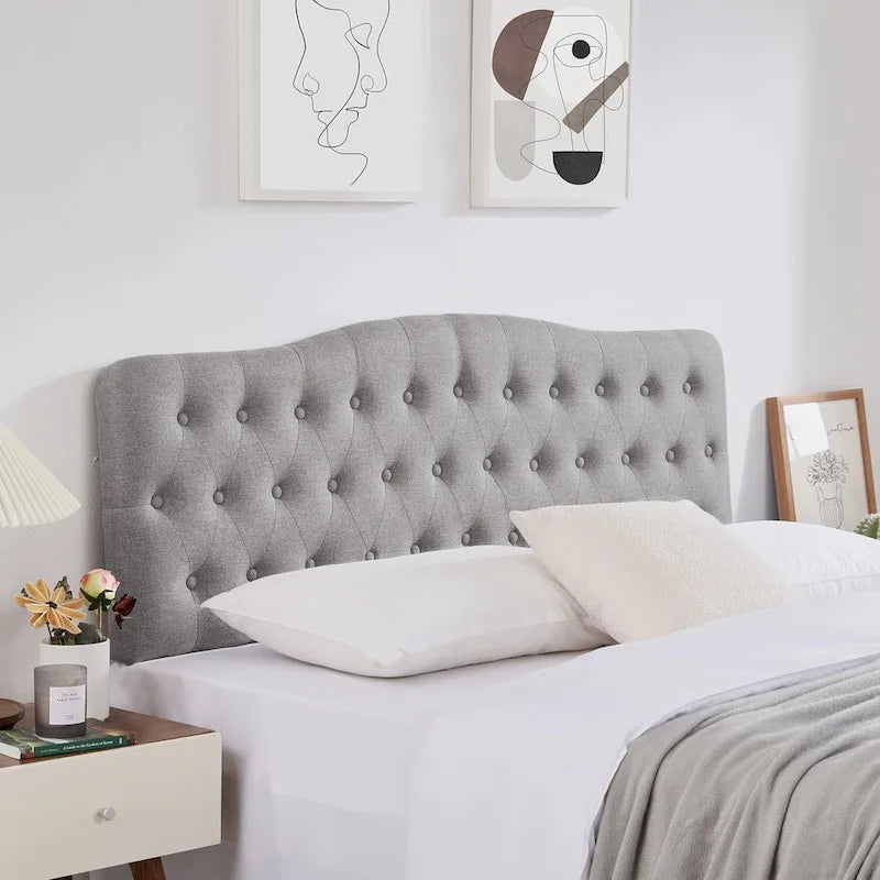 Tête de lit King Size rembourrée, capitonnée de losanges boutonnés avec hauteur réglable, en tissu de lin