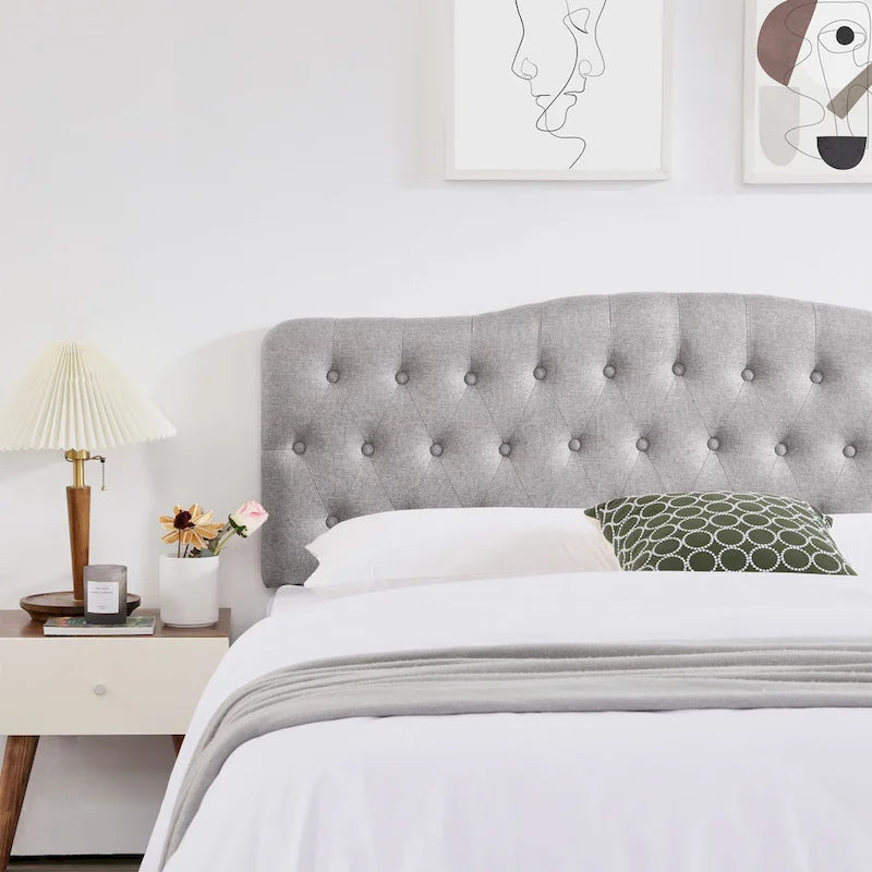 Tête de lit King Size rembourrée, capitonnée de losanges boutonnés avec hauteur réglable, en tissu de lin