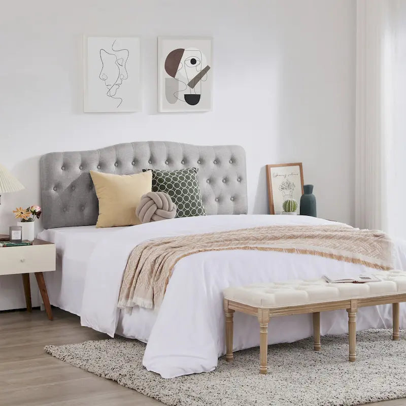 Tête de lit King Size rembourrée, capitonnée de losanges boutonnés avec hauteur réglable, en tissu de lin