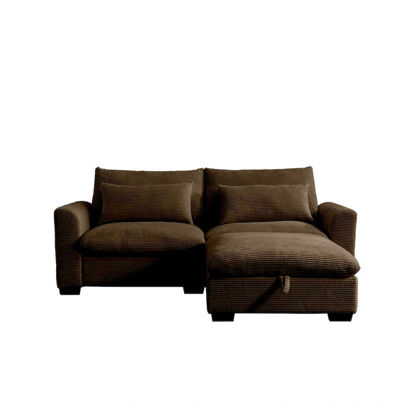 Canapé d'angle en velours côtelé confortable avec oreillers et accoudoirs ronds,Canapé-lit en velours côtelé profond avec pouf de rangement