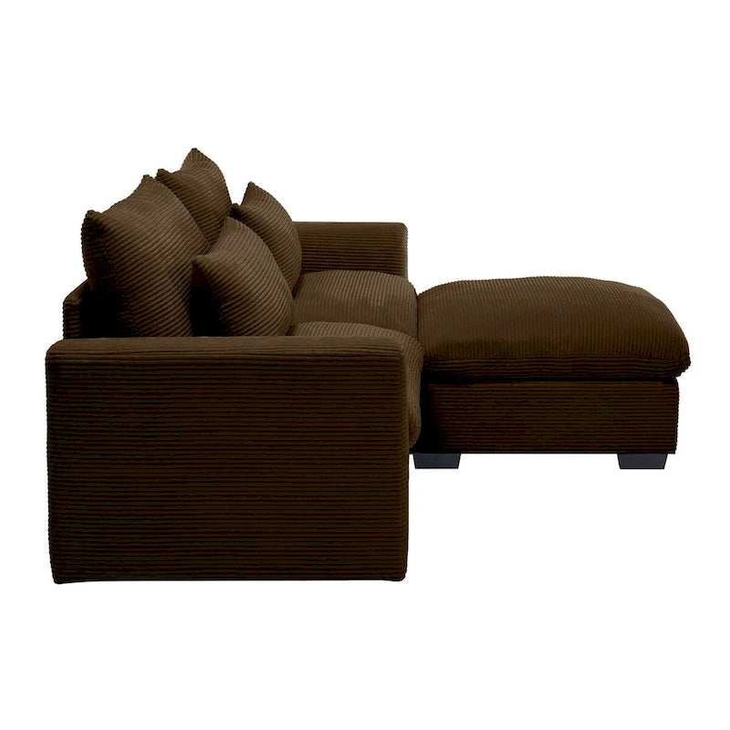 Canapé d'angle en velours côtelé confortable avec oreillers et accoudoirs ronds,Canapé-lit en velours côtelé profond avec pouf de rangement