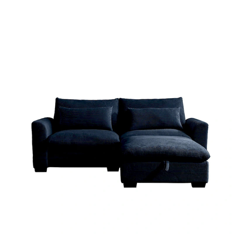 Canapé d'angle en velours côtelé confortable avec oreillers et accoudoirs ronds,Canapé-lit en velours côtelé profond avec pouf de rangement
