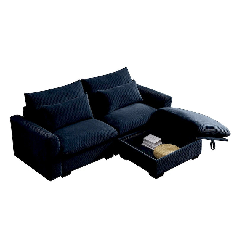 Canapé d'angle en velours côtelé confortable avec oreillers et accoudoirs ronds,Canapé-lit en velours côtelé profond avec pouf de rangement