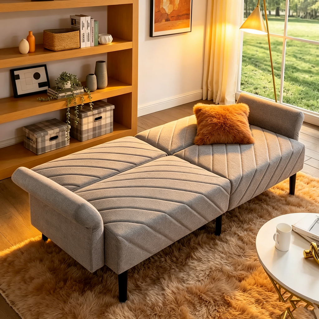Canapé-lit pliable convertible en velours avec accoudoirs réglables