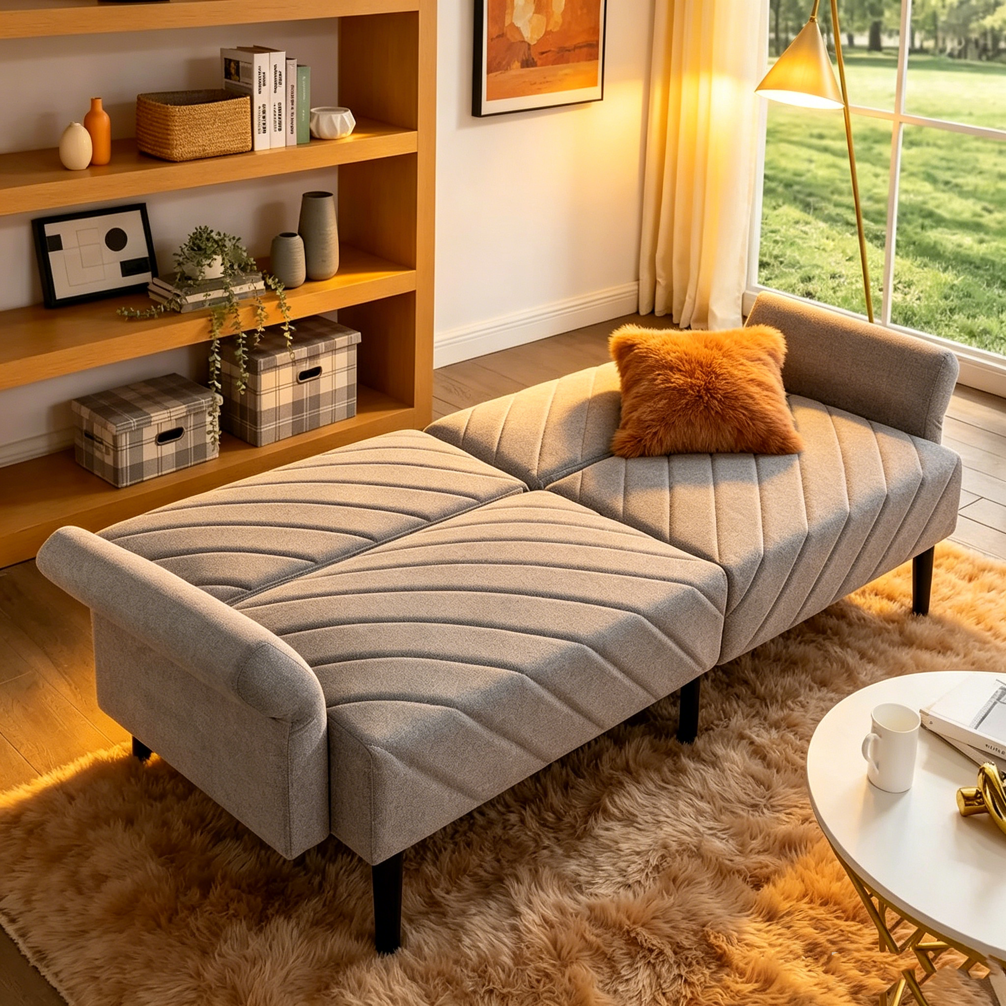 Canapé-lit pliable convertible en velours avec accoudoirs réglables